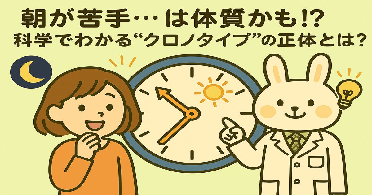 朝が苦手…は体質かも⁉ 科学でわかる“クロノタイプ”の正体とは？」というタイトルとともに、背景に大きな時計が描かれているイラスト。左にはオレンジの服を着た女の子（すずちゃん）が手を口元にあてて笑っており、右には白衣を着たウサギの先生（みどりん）が時計を指差しながら説明している。時計の上には太陽と月のマークがあり、“朝型・夜型”の違いを表している。